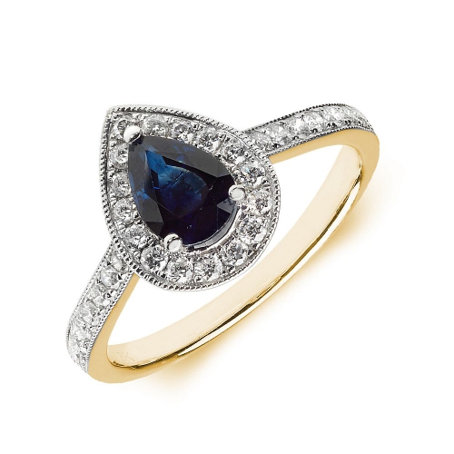 Prong Pear Yellow Gold Halo milligrain diamond and Naturally Mined Diamond Gemstone Engagement Rings