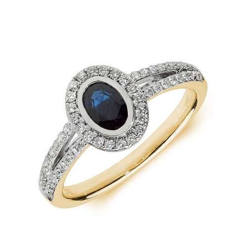 Bezel Setting Oval Yellow Gold Split shoulder halo milligrain diamond and Naturally Mined Diamond Engagement Rings