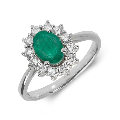 4 Prong Oval Flower halo diamond and Emerald Gemstone Engagement Rings