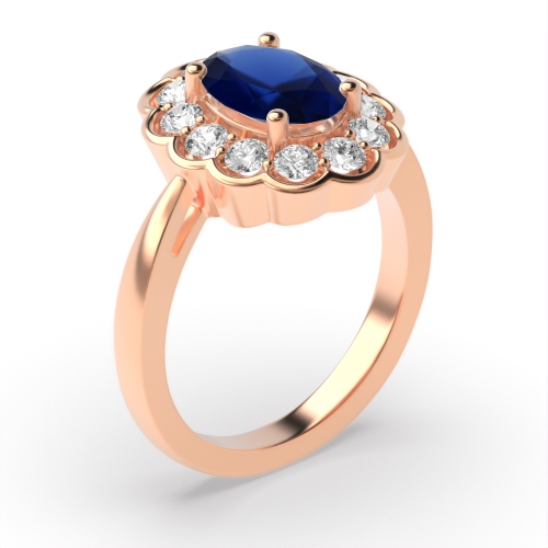 4 Prong Oval Rose Gold Tappered shank halo diamond and Lab Grown Diamond Gemstone Engagement Rings