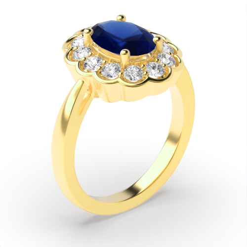 4 Prong Oval Yellow Gold Tappered shank halo diamond and Lab Grown Diamond Gemstone Engagement Rings