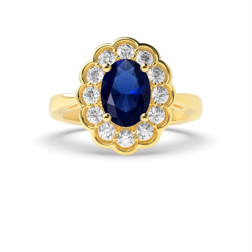 4 Prong Oval Yellow Gold Tappered shank halo diamond and Lab Grown Diamond Gemstone Engagement Rings