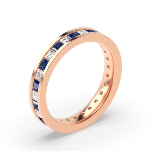 Channel Setting Princess Rose Gold Blue Sapphire Full Eternity Diamond Rings