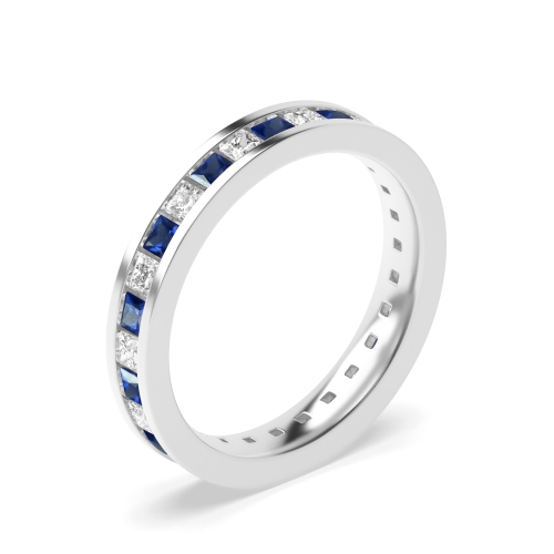 Channel Setting Princess Platinum Blue Sapphire Full Eternity Diamond Rings