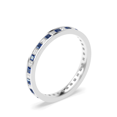 Channel Setting Princess and diamond Blue Sapphire Full Eternity Wedding Band