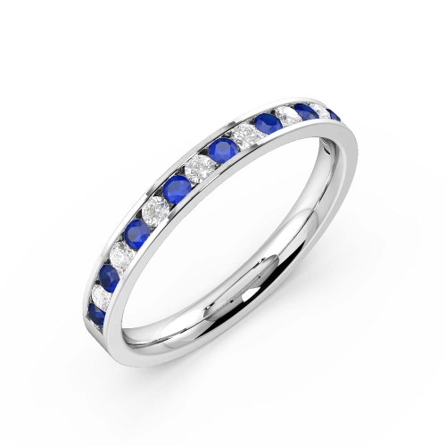 Channel Setting Round Blue Sapphire Half Eternity Diamond Ring