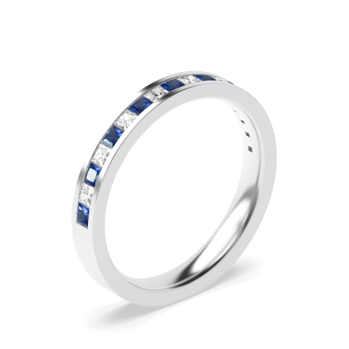 Channel Setting Princess Half Eternity Blue Sapphire Diamond Ring