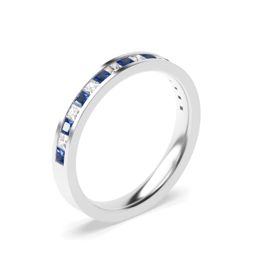 Channel Setting Princess Blue Sapphire Half Eternity Diamond Ring