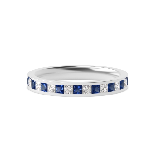 Channel Setting Princess Blue Sapphire Half Eternity Diamond Ring