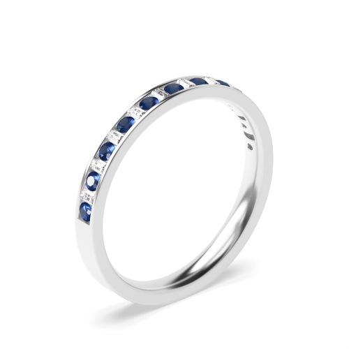 Channel Setting Round/Baguette Blue Sapphire Half Eternity Diamond Rings