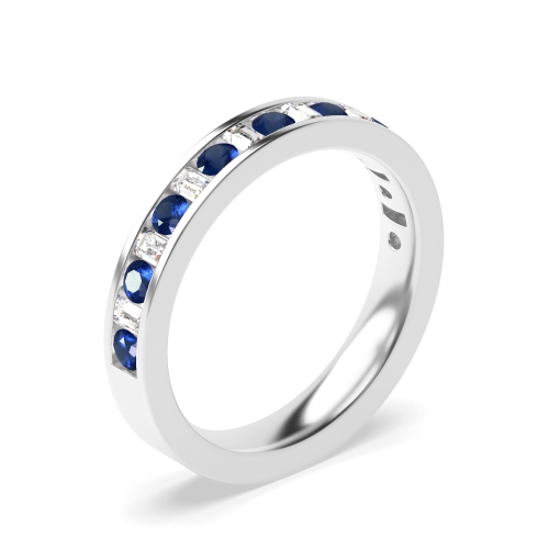 Channel Setting Round/Baguette Platinum Blue Sapphire Half Eternity Diamond Rings