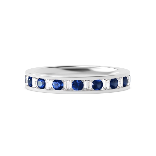 Channel Setting Round & Baguette Half Eternity Diamond and Gemstone Sapphire Rings (Available in 2.5mm to 3.5mm)