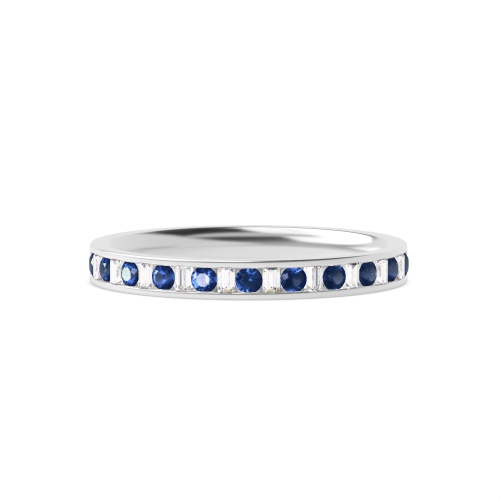 Channel Setting Round/Baguette Blue Sapphire Half Eternity Diamond Ring