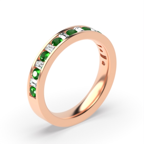 Channel Setting Round/Baguette Rose Gold Emerald Half Eternity Diamond Rings