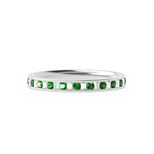 Channel Setting Round & Baguette Half Eternity Diamond and Gemstone Emerald Rings (Available in 2.5mm to 3.5mm)