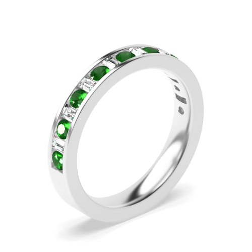 Channel Setting Round/Baguette Silver Emerald Half Eternity Diamond Rings
