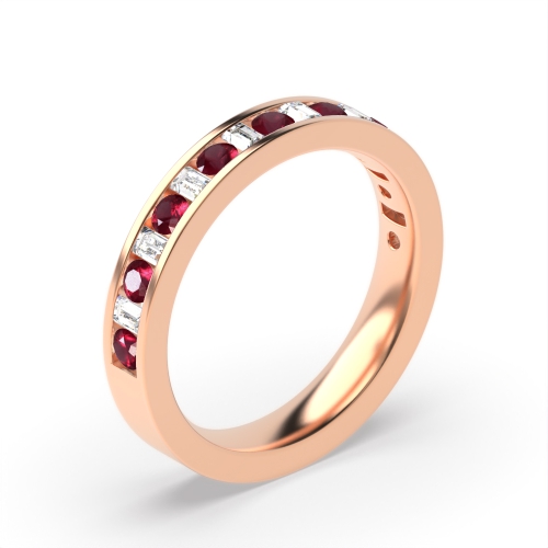 Channel Setting Round & Baguette Half Eternity Diamond and Ruby Gemstone Rings (Available in 2.5mm to 3.5mm)