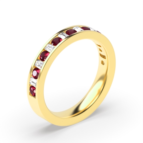 Channel Setting Round/Baguette Yellow Gold Ruby Half Eternity Diamond Rings