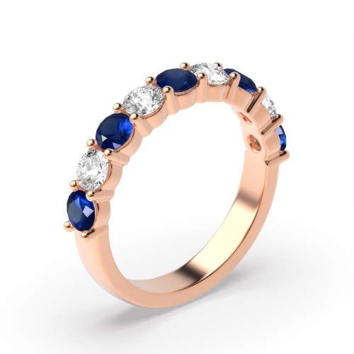 Channel Setting Round Rose Gold Blue Sapphire Half Eternity Diamond Rings