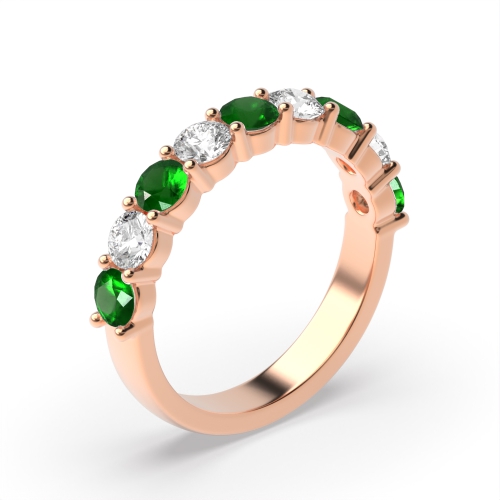 Prong Setting Round Half Eternity Diamond And Emerald Ring