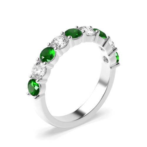 Channel Setting Round Platinum Emerald Half Eternity Diamond Rings