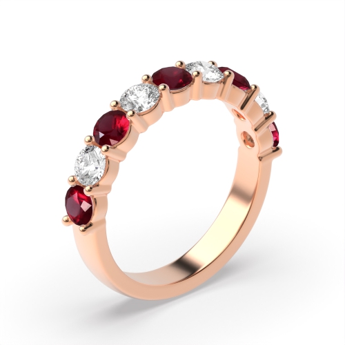 Channel Setting Round Rose Gold Ruby Half Eternity Diamond Rings