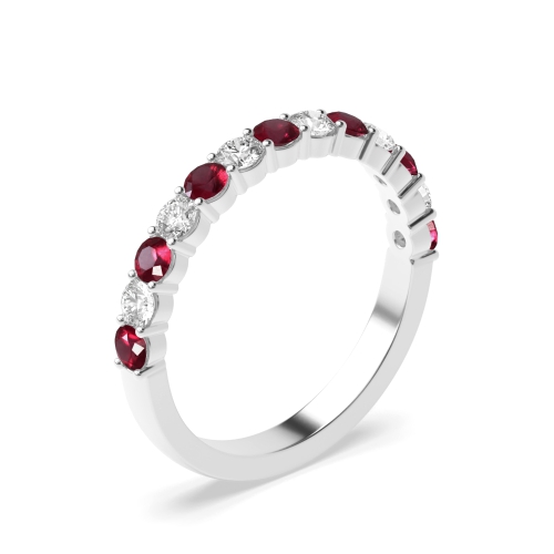 Prong Setting Round Half Eternity Diamond and Ruby Ring