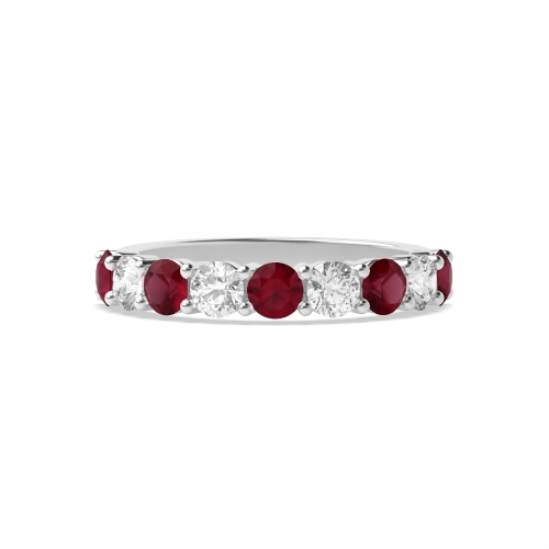 Prong Setting Round Half Eternity Diamond and Ruby Ring