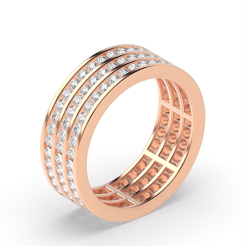Channel Setting Round Rose Gold Three row Diamond Rings