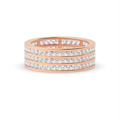 Channel Setting Round Rose Gold Three row Diamond Rings