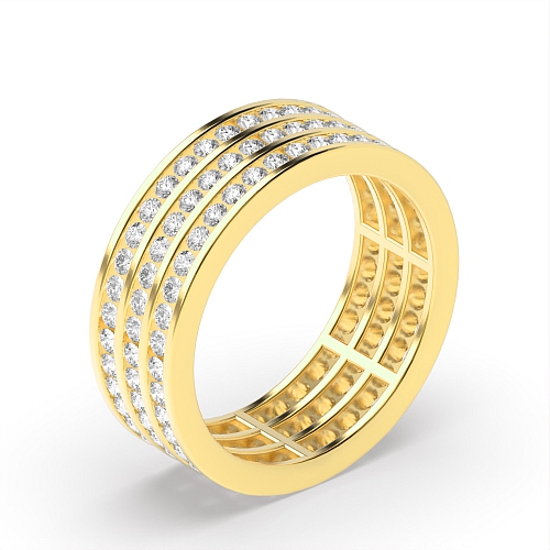 Channel Setting Round Yellow Gold Three row Diamond Rings