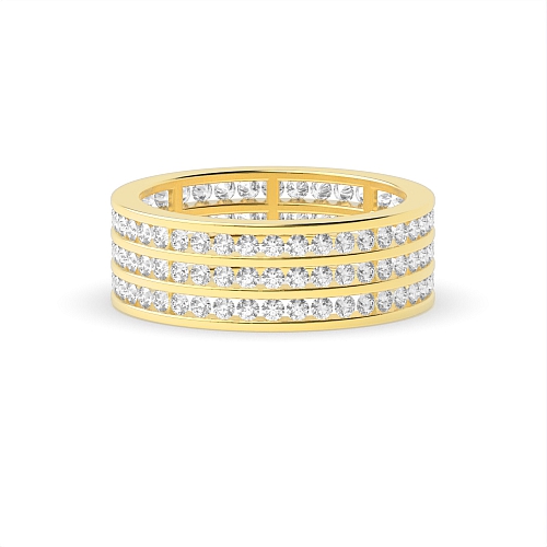 Channel Setting Round Yellow Gold Three row Diamond Rings