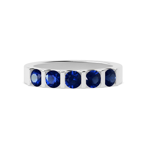 Tension Setting Round Bar Blue Sapphire Five Stone Diamond Ring