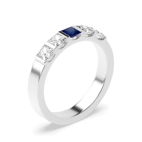 Tension Setting Princess Bar Blue Sapphire Five Stone Diamond Ring