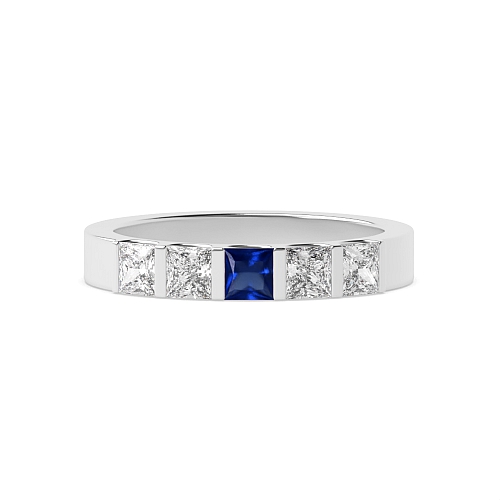 Tension Setting Princess Bar Blue Sapphire Five Stone Diamond Ring