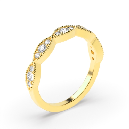 Pave Setting Round Yellow Gold Milligrain tri stone Eternity Diamond Rings