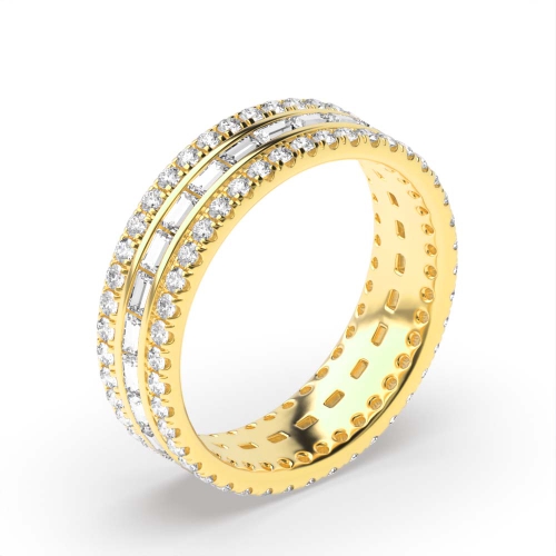 4 Prong Round/Baguette Yellow Gold Aurora clasp Eternity Diamond Rings