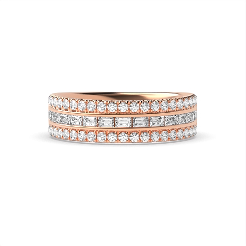 4 Prong Round/Baguette Rose Gold And channel set 3 rows Half Eternity Diamond Rings