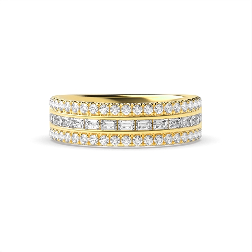 4 Prong Round/Baguette Yellow Gold And channel set 3 rows Cluster Diamond Rings