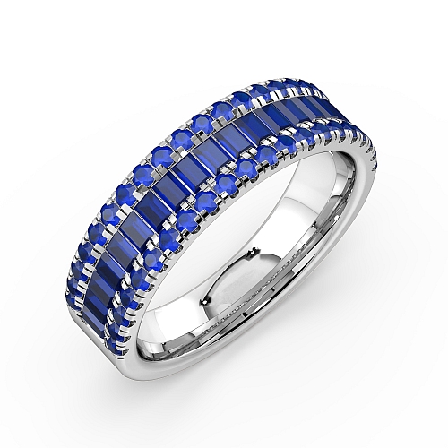 4 Prong Round/Baguette and channel set Blue Sapphire Half Eternity Diamond Ring