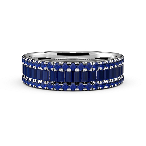 4 Prong Round/Baguette and channel set Blue Sapphire Half Eternity Diamond Ring