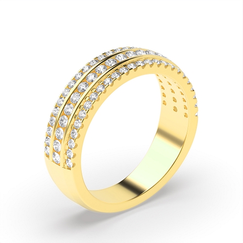 4 Prong Round Yellow Gold And channel set 3 rows Diamond Rings