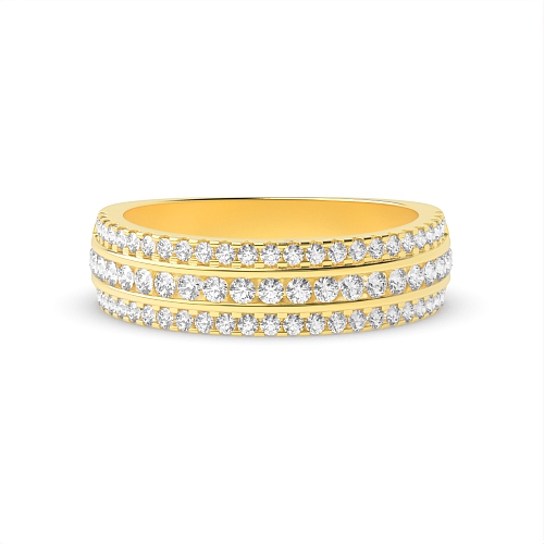 4 Prong Round Yellow Gold And channel set 3 rows Diamond Rings