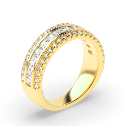 4 Prong Princess/Round Yellow Gold And channel set 3 rows Diamond Rings
