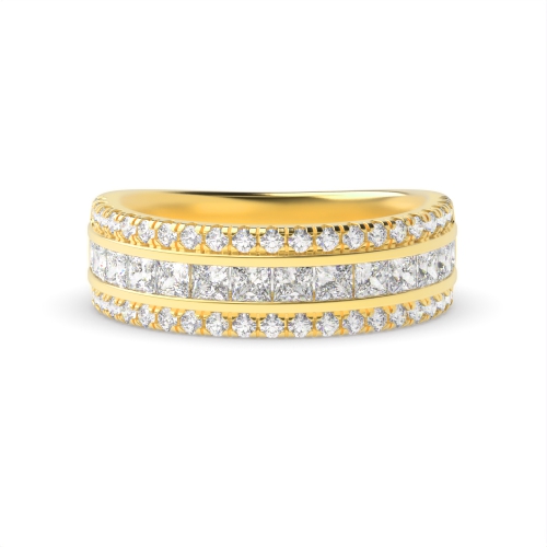 4 Prong Princess/Round Yellow Gold And channel set 3 rows Diamond Rings