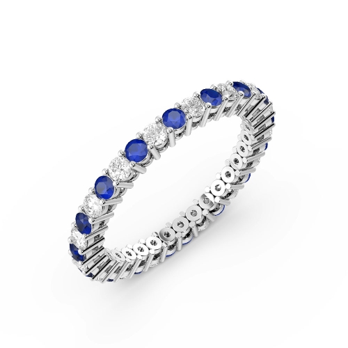 4 Prong Round Shape Classic Full Diamond and Blue Sapphire Eternity Ring (2.00mm - 3.00mm)