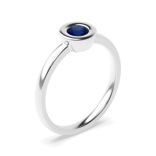 Bezel Setting Round Delicate Band Blue Sapphire Solitaire Diamond Ring