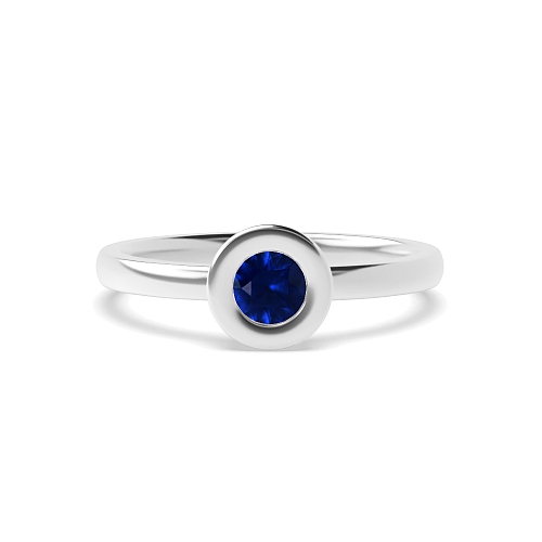 Bezel Setting Round Delicate Band Blue Sapphire Solitaire Diamond Ring