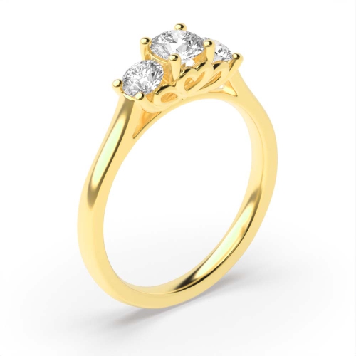 4 Prong Round Yellow Gold Heart pattern Trilogy Engagement Rings