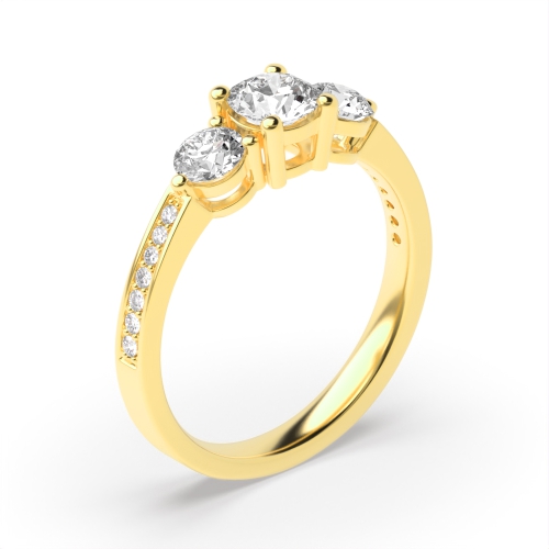 4 Prong Round Yellow Gold trilogy Side Stone Engagement Ring